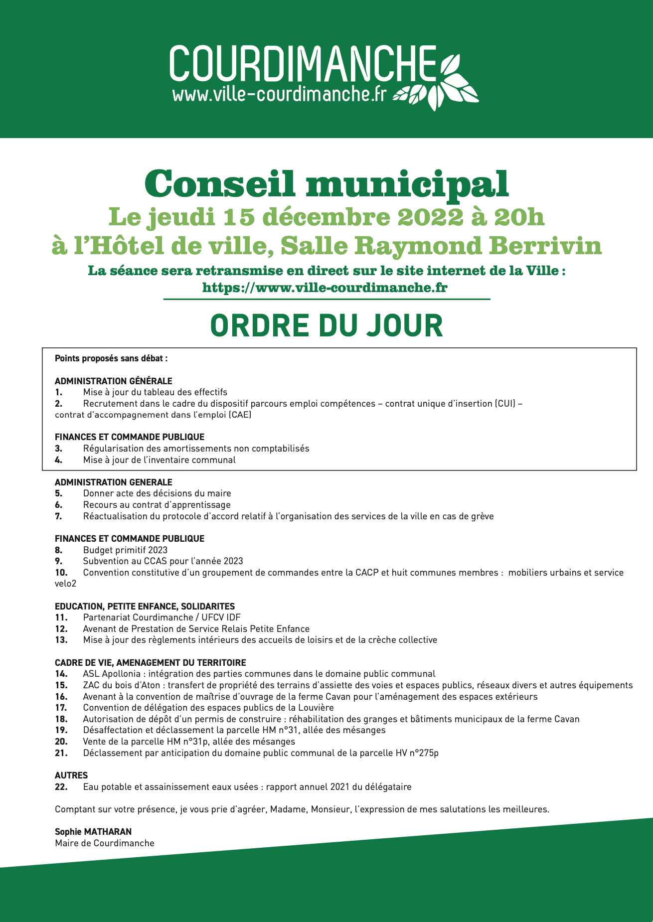 Ordre du jour CM 15 décembre